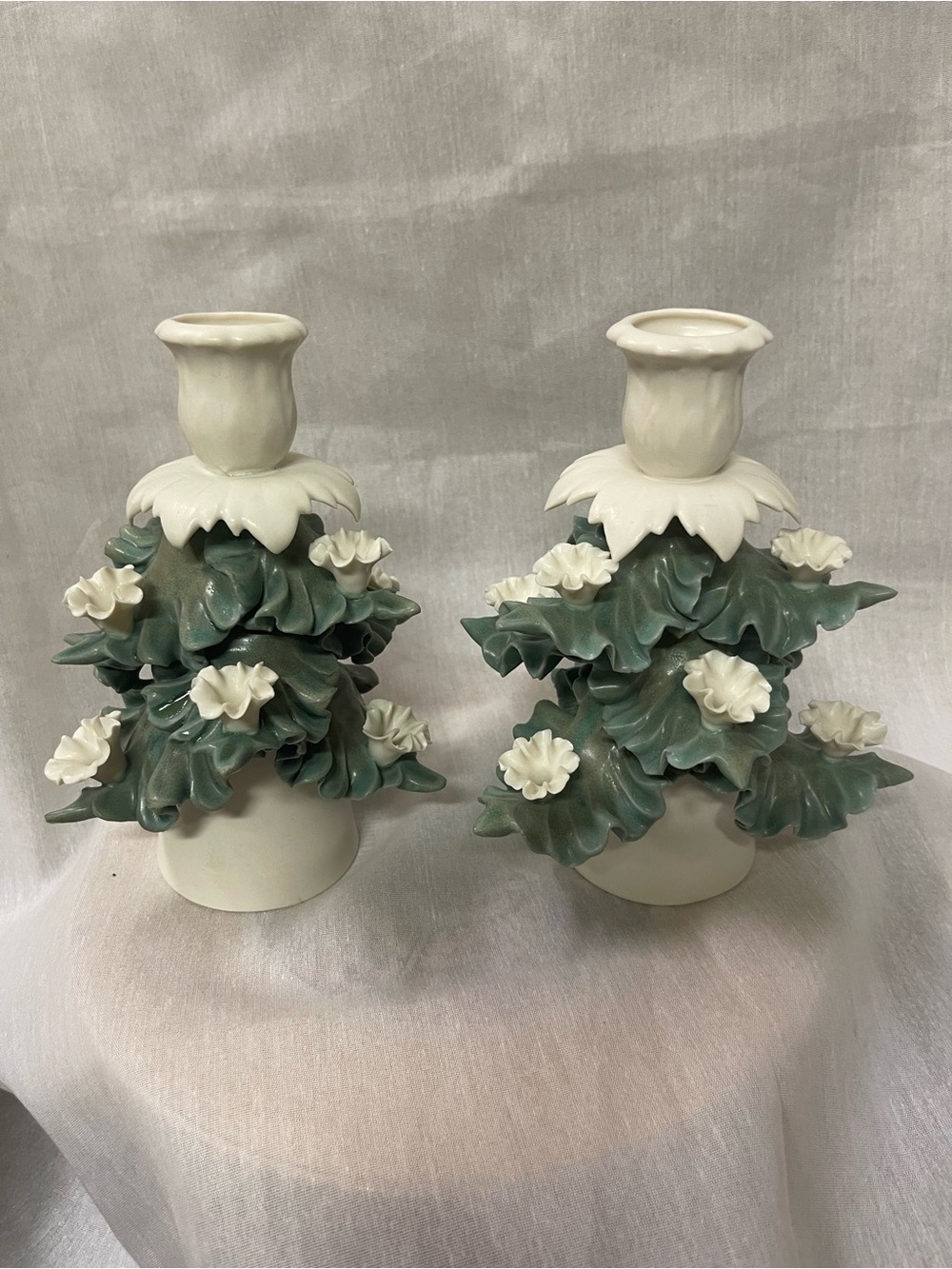 2 Isles of Wight Candle Holders Cream and Green Floral Ceramic